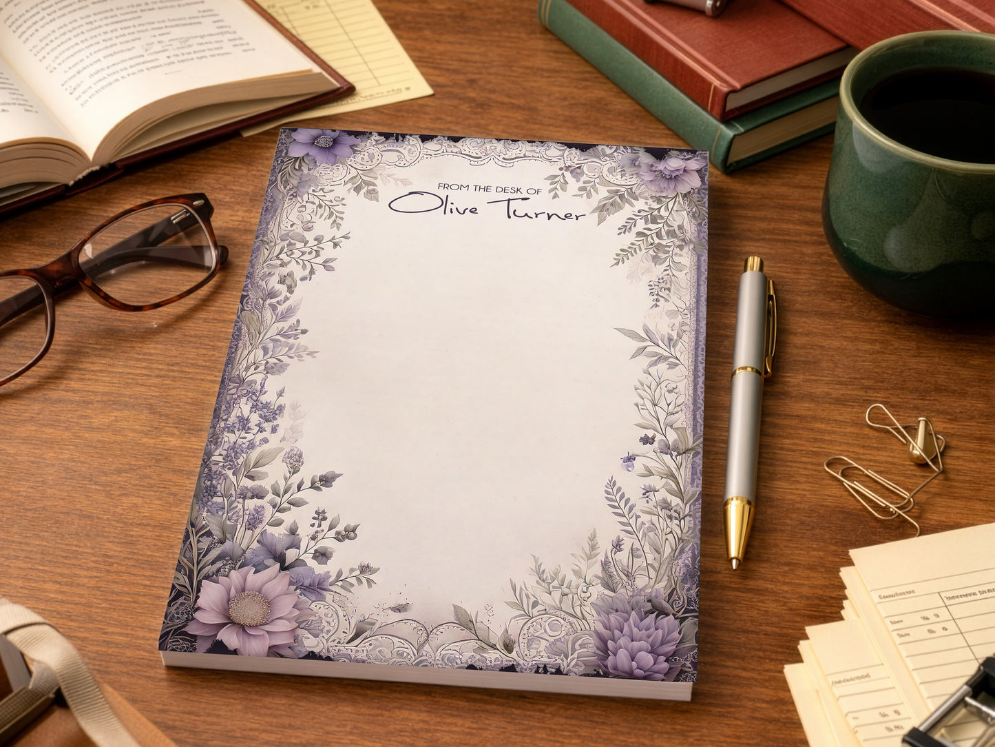 Personalized Purple Floral Tear-Off Notepad | Custom Name Desk Notepad | Elegant Office Stationery | Feminine Writing Pad