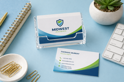 Midwest Insurance business cards on a desk with office supplies