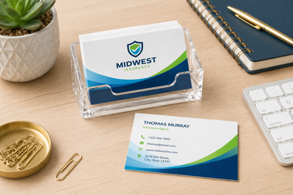 Business cards with 'Midwest Insurance' design on a desk with office supplies.