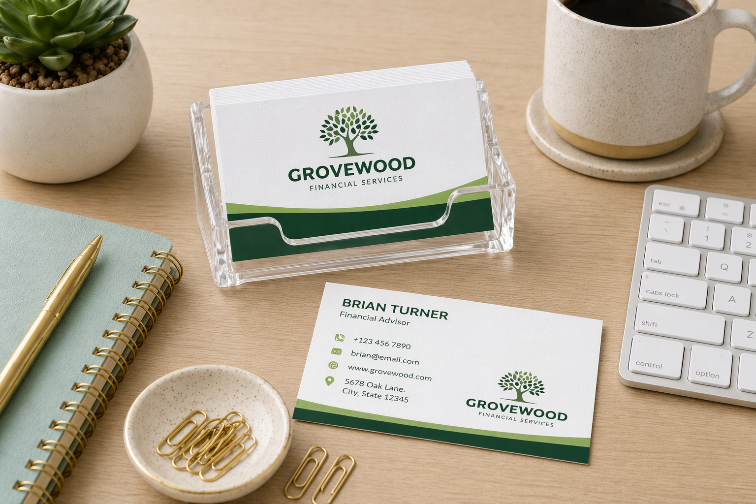 Growood Financial Services business cards on a desk with a keyboard, coffee, and plant.