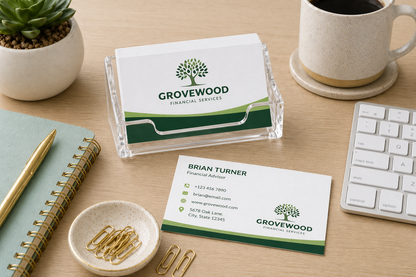 Growood Financial Services business cards on a desk with a keyboard, coffee, and plant.