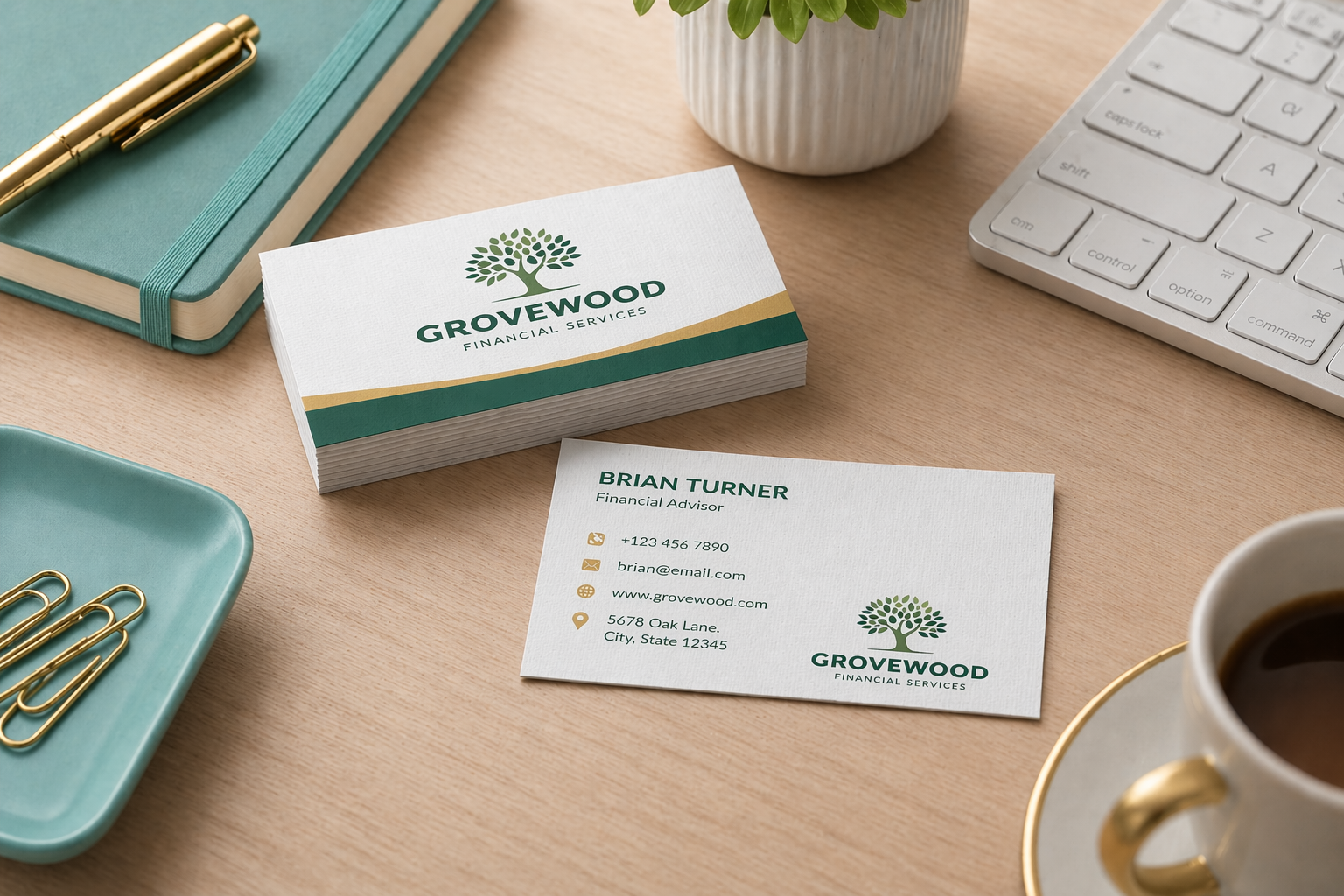 Grovewood Financial Services business cards on a desk with office supplies.