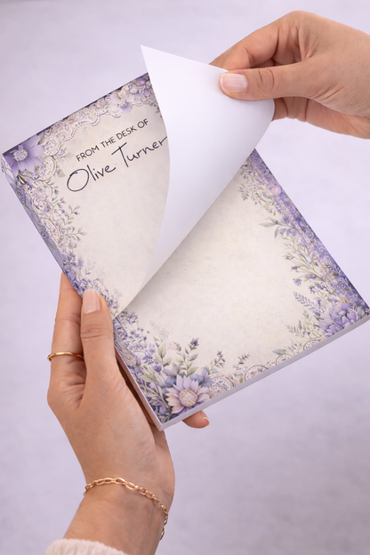 Personalized Purple Floral Tear-Off Notepad | Custom Name Desk Notepad | Elegant Office Stationery | Feminine Writing Pad