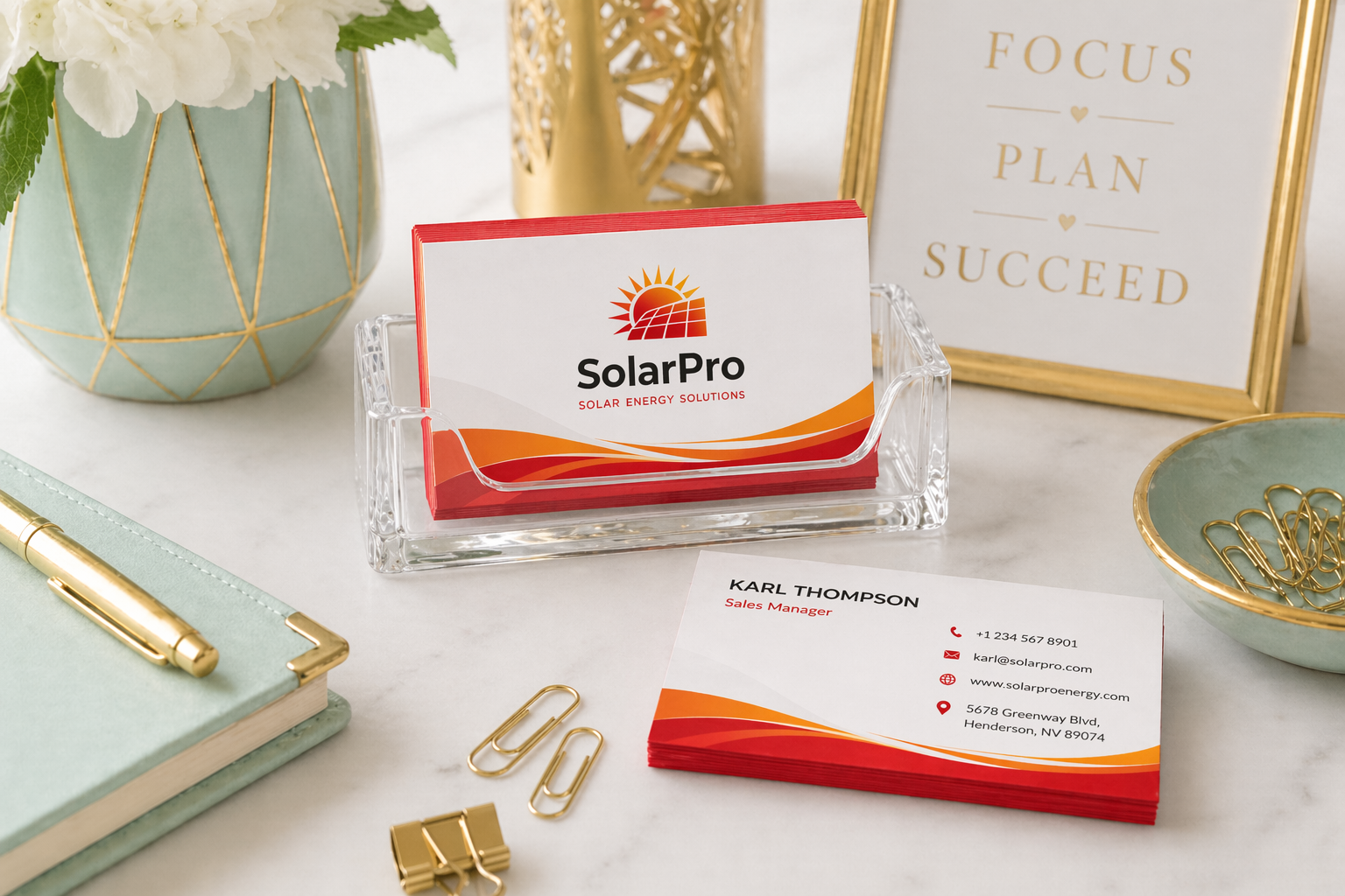 SolarPro business card on a stand with a matching card on a surface, surrounded by decorative items.