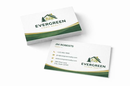 Evergreen Home Realty business cards on a white background