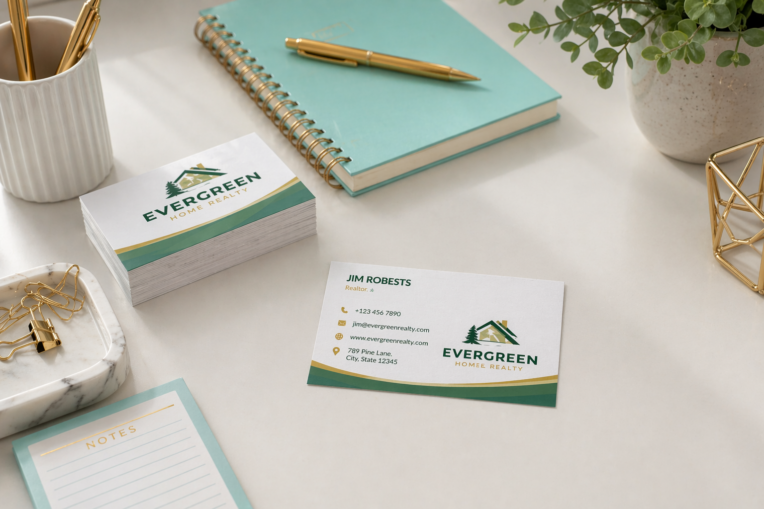 Evergreen business cards on a desk with a notebook and pen.