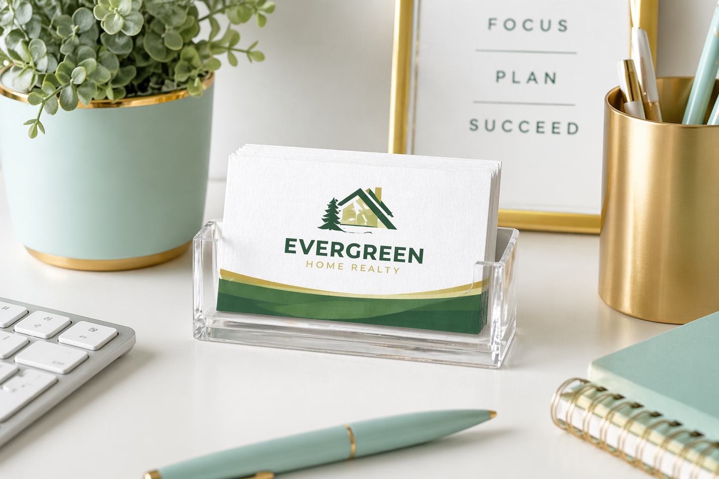 Evergreen Home Realty business card in a holder on a desk with office supplies.