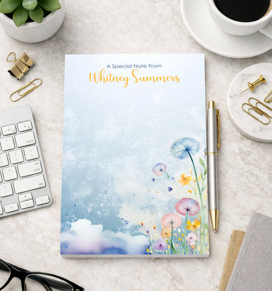 Personalized Watercolor Floral Memo Pad | Custom Name Top Tear-Off Notepad | 4-in-1 Design