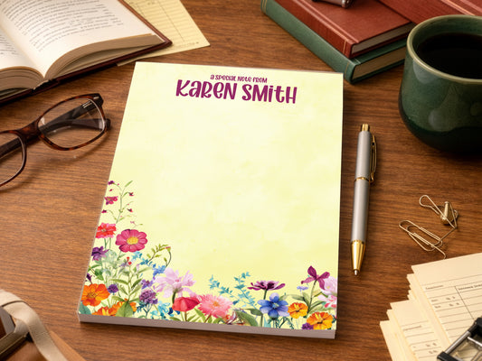 Personalized Watercolor Spring Flower Memo Pad | Custom Name Top Tear-Off Notepad | 4-in-1 Design