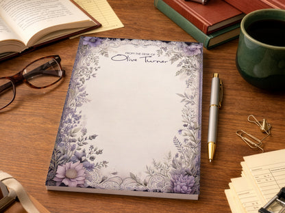 Personalized Purple Floral Tear-Off Notepad | Custom Name Desk Notepad | Elegant Office Stationery | Feminine Writing Pad
