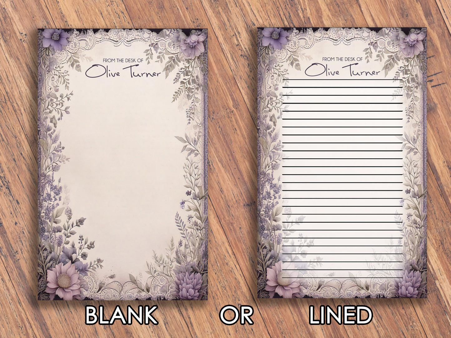 Personalized Purple Floral Tear-Off Notepad | Custom Name Desk Notepad | Elegant Office Stationery | Feminine Writing Pad