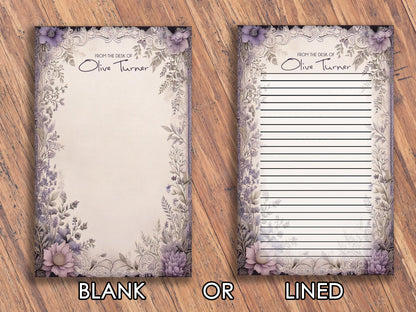 Personalized Purple Floral Tear-Off Notepad | Custom Name Desk Notepad | Elegant Office Stationery | Feminine Writing Pad