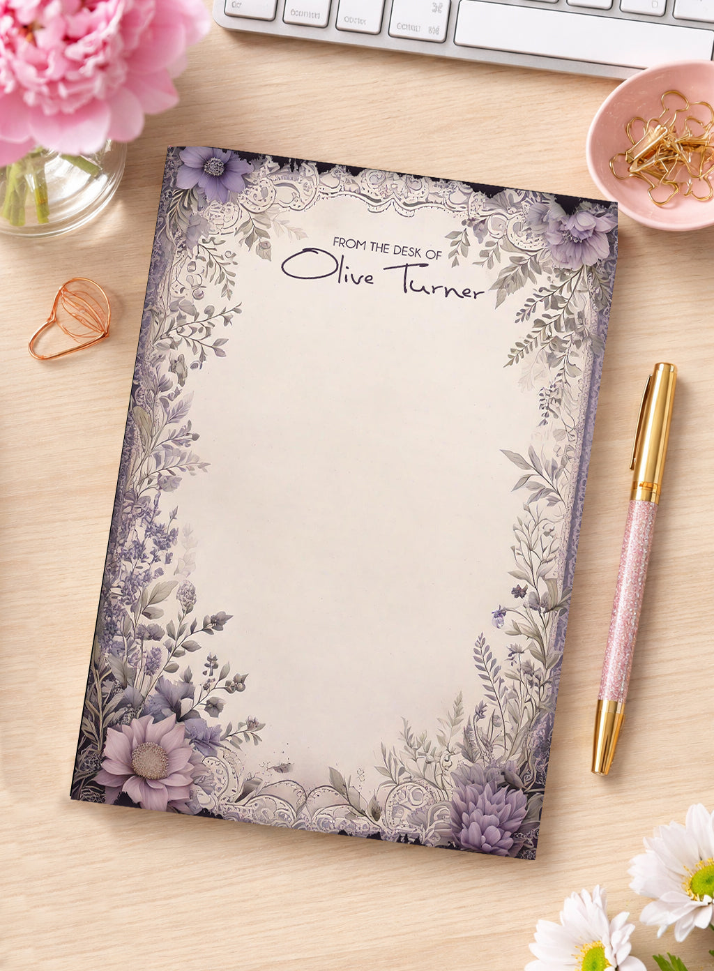 Personalized Purple Floral Tear-Off Notepad | Custom Name Desk Notepad | Elegant Office Stationery | Feminine Writing Pad