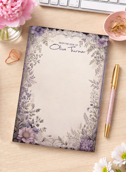 Personalized Purple Floral Tear-Off Notepad | Custom Name Desk Notepad | Elegant Office Stationery | Feminine Writing Pad