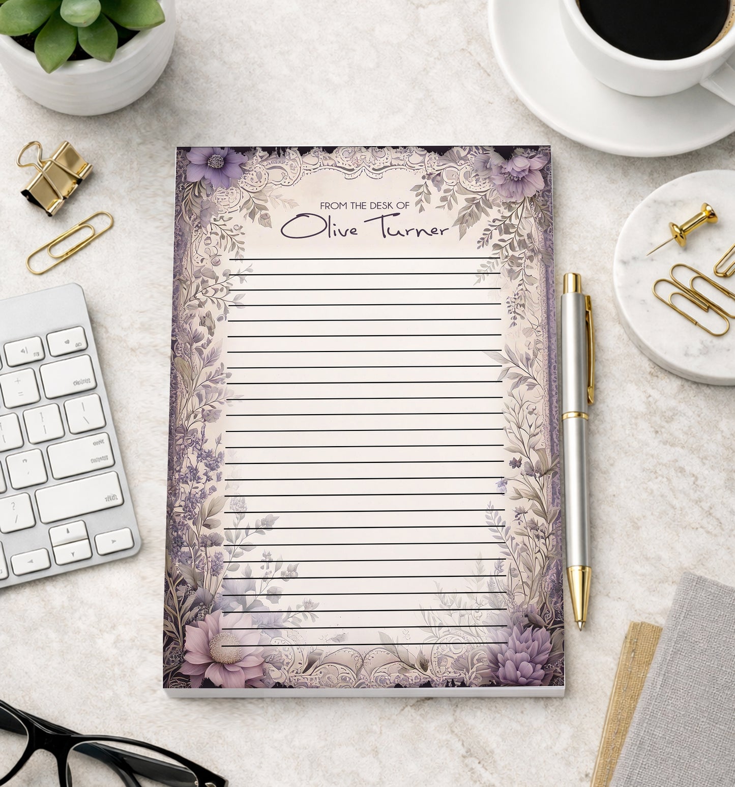 Personalized Purple Floral Tear-Off Notepad | Custom Name Desk Notepad | Elegant Office Stationery | Feminine Writing Pad