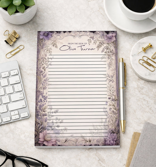 Personalized Purple Floral Tear-Off Notepad | Custom Name Desk Notepad | Elegant Office Stationery | Feminine Writing Pad