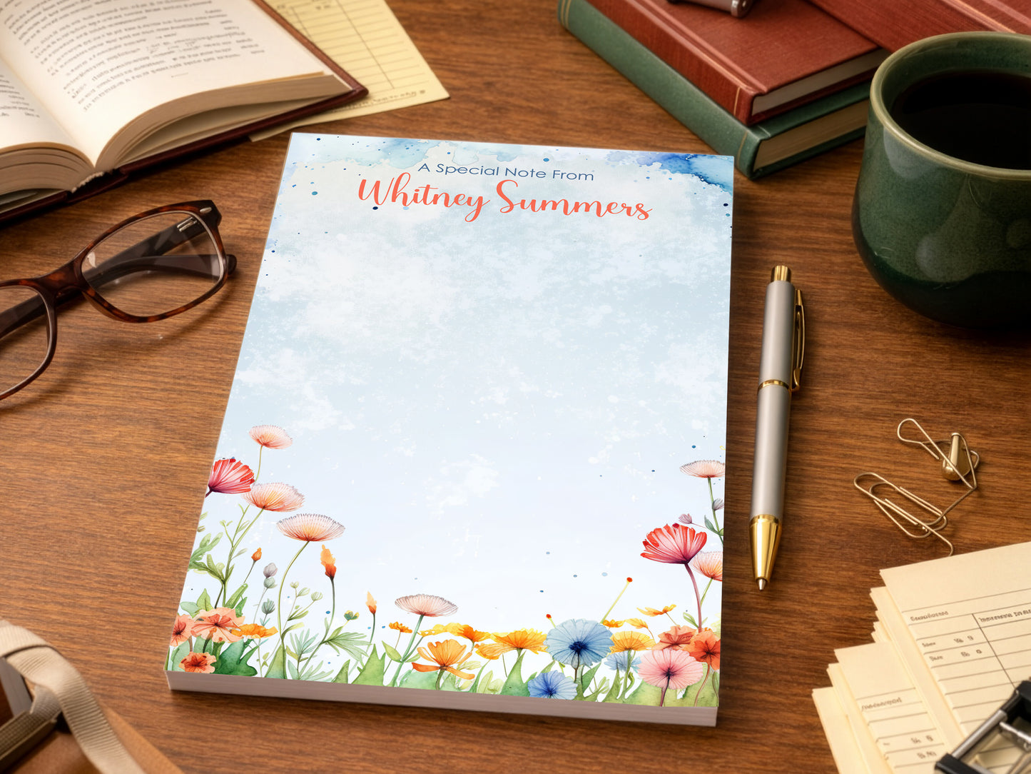 Personalized Watercolor Floral Memo Pad | Custom Name Top Tear-Off Notepad | 4-in-1 Design