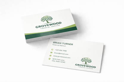 Grovewood Financial Services business cards on a white background