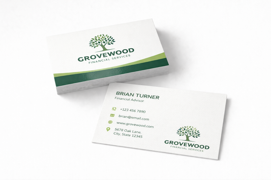 Grovewood Financial Services business cards on a white background