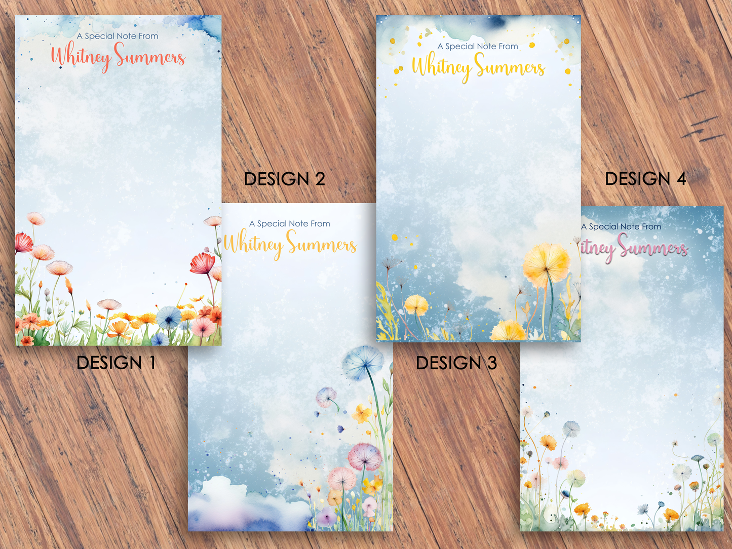 Personalized Watercolor Floral Memo Pad | Custom Name Top Tear-Off Notepad | 4-in-1 Design
